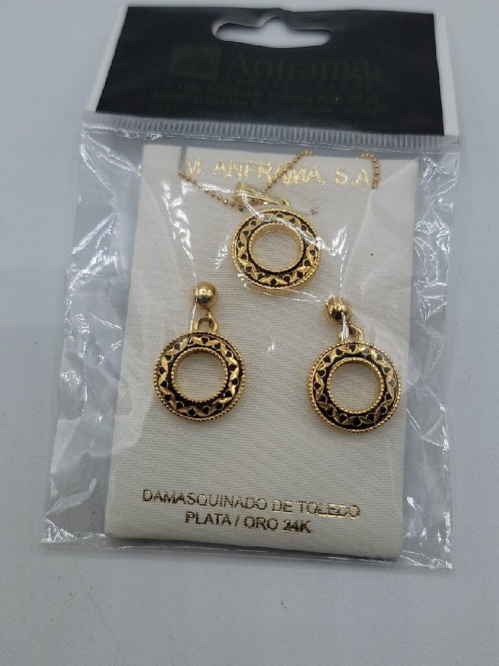Anframa Damascus Steel Necklace & Post Earrings 24k Gold Plated Hand Made Spain
